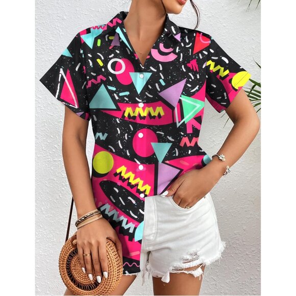 80s 90s Neon Hawaiian Shirt Women Retro Disco Top Short Sleeve Party Wear - Picture 2 of 5